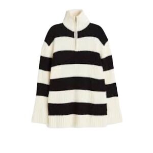 H&M Divided Striped Quarter Zip Sweater Womens Large Black White Ribbed Knit L